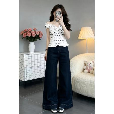 BY18335# 夏日穿搭一整套女新款韩系ins设计感波点上衣阔腿牛仔裤套装  服裝批發女裝批發服飾貨源