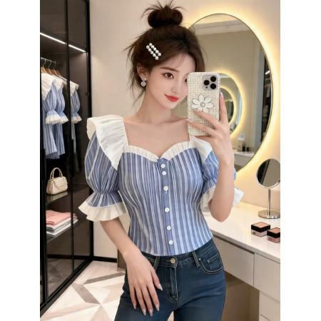 BY18339# 夏季新款纯欲风洋气减龄泡泡袖上衣女别致条纹显瘦短袖衬衫潮  服裝批發女裝批發服飾貨源