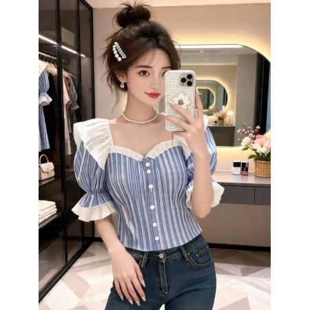 BY18339# 夏季新款纯欲风洋气减龄泡泡袖上衣女别致条纹显瘦短袖衬衫潮  服裝批發女裝批發服飾貨源