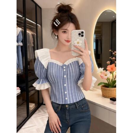 BY18339# 夏季新款纯欲风洋气减龄泡泡袖上衣女别致条纹显瘦短袖衬衫潮  服裝批發女裝批發服飾貨源