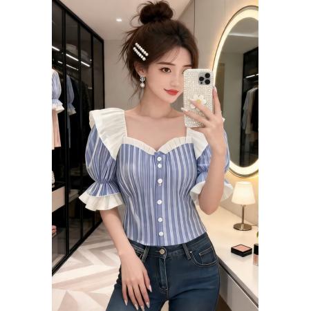 BY18339# 夏季新款纯欲风洋气减龄泡泡袖上衣女别致条纹显瘦短袖衬衫潮  服裝批發女裝批發服飾貨源