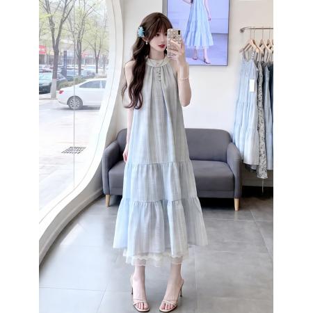 BY18340# 小仙女蝴蝶结挂脖吊带连衣裙夏新款法式蕾丝拼接大裙摆长裙子  服裝批發女裝批發服飾貨源