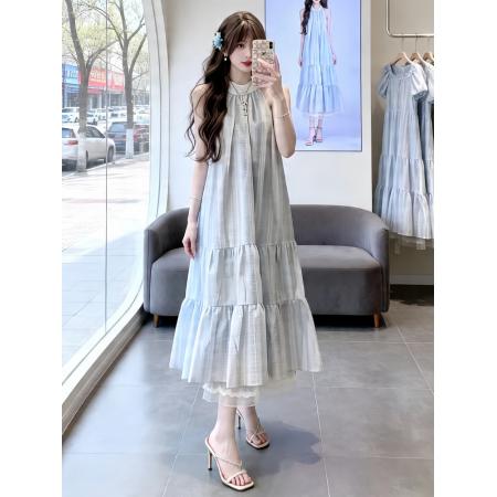 BY18340# 小仙女蝴蝶结挂脖吊带连衣裙夏新款法式蕾丝拼接大裙摆长裙子  服裝批發女裝批發服飾貨源