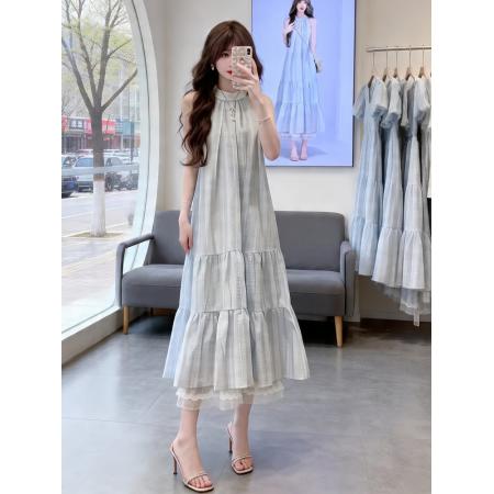 BY18340# 小仙女蝴蝶结挂脖吊带连衣裙夏新款法式蕾丝拼接大裙摆长裙子  服裝批發女裝批發服飾貨源