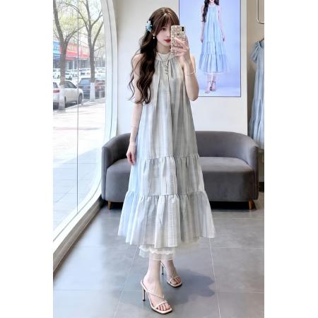 BY18340# 小仙女蝴蝶结挂脖吊带连衣裙夏新款法式蕾丝拼接大裙摆长裙子  服裝批發女裝批發服飾貨源