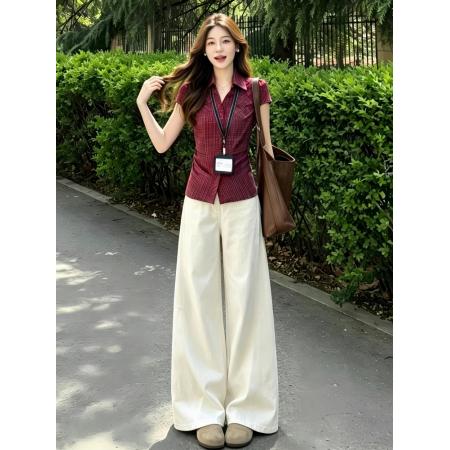 BY18342# 巨好看穿搭一整套新款夏季红色格纹衬衫上衣女阔腿裤两件套装  服裝批發女裝批發服飾貨源