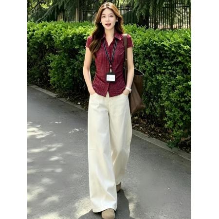 BY18342# 巨好看穿搭一整套新款夏季红色格纹衬衫上衣女阔腿裤两件套装  服裝批發女裝批發服飾貨源