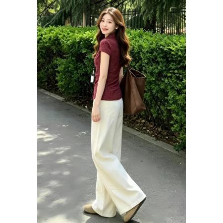 BY18342# 巨好看穿搭一整套新款夏季红色格纹衬衫上衣女阔腿裤两件套装  服裝批發女裝批發服飾貨源