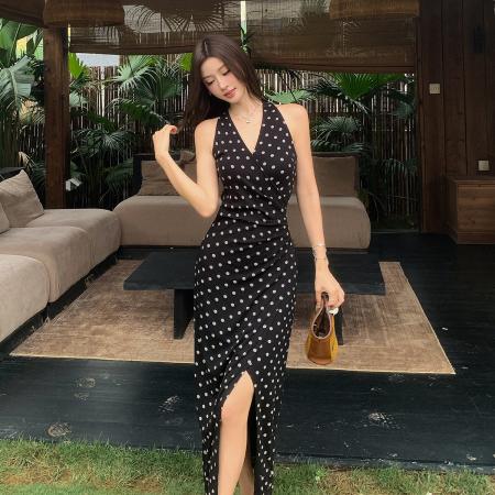 BY18343# 夏季新款百搭法式V领收腰长裙修身波点连衣裙开叉显瘦气质长裙女  服裝批發女裝批發服飾貨源
