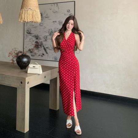 BY18343# 夏季新款百搭法式V领收腰长裙修身波点连衣裙开叉显瘦气质长裙女  服裝批發女裝批發服飾貨源