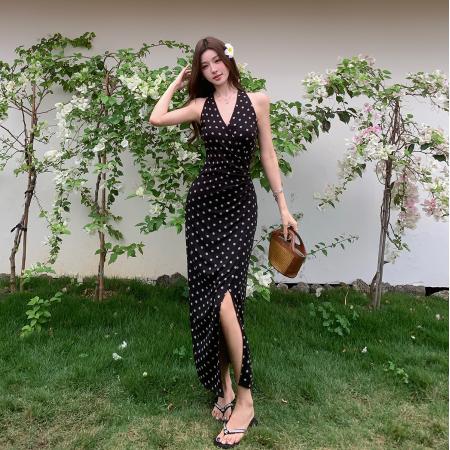 BY18343# 夏季新款百搭法式V领收腰长裙修身波点连衣裙开叉显瘦气质长裙女  服裝批發女裝批發服飾貨源