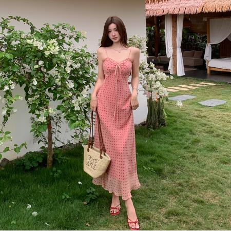 BY18344# 夏季新款日暖橘波点裙纯欲法式中长款吊带连衣裙海边度假裙  服裝批發女裝批發服飾貨源