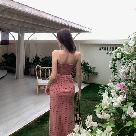 BY18344# 夏季新款日暖橘波点裙纯欲法式中长款吊带连衣裙海边度假裙  服裝批發女裝批發服飾貨源