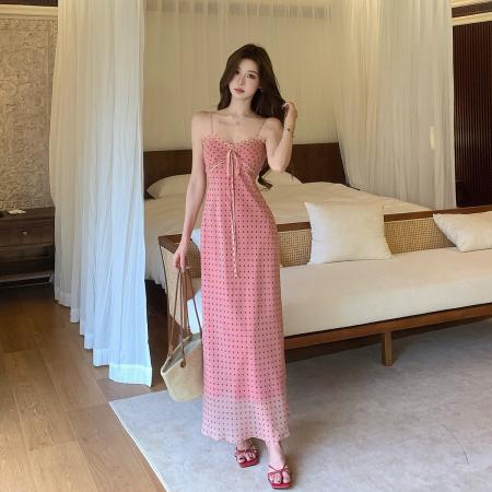 BY18344# 夏季新款日暖橘波点裙纯欲法式中长款吊带连衣裙海边度假裙  服裝批發女裝批發服飾貨源