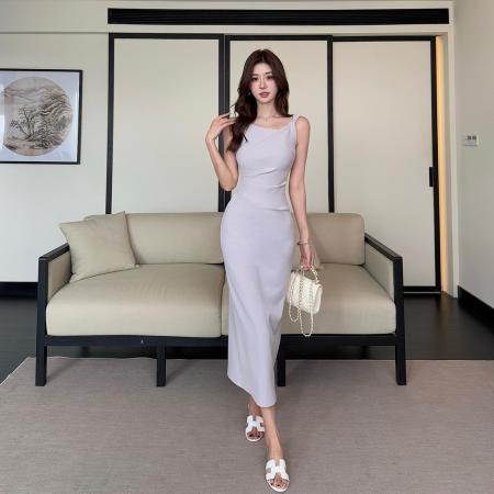 BY18345# 夏季新款铅笔裙纽结肯豆简约感气质扭结无袖连衣裙收腰开叉长裙  服裝批發女裝批發服飾貨源
