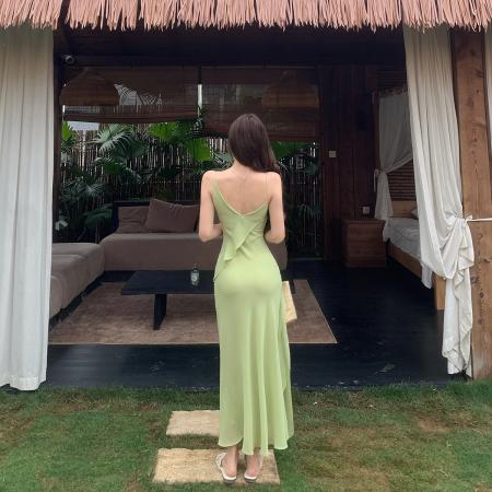 BY18346# 夏季新款V领度假裙斜裁荷叶边碎花吊带连衣裙鱼尾长裙  服裝批發女裝批發服飾貨源