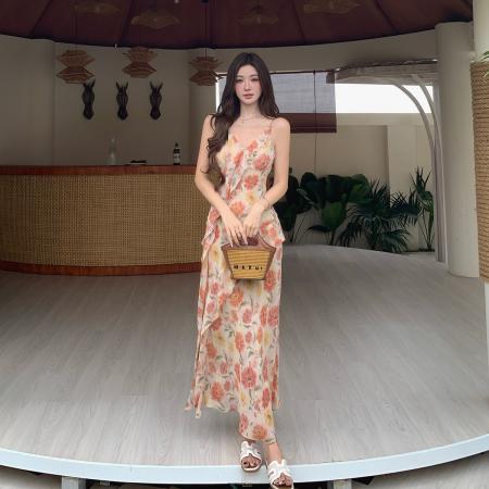 BY18346# 夏季新款V领度假裙斜裁荷叶边碎花吊带连衣裙鱼尾长裙  服裝批發女裝批發服飾貨源