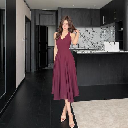 BY18348# 韩版日常优雅收腰显瘦裙子雪纺v领连衣裙气质飘逸裙摆长裙  服裝批發女裝批發服飾貨源