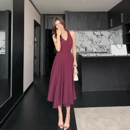 BY18348# 韩版日常优雅收腰显瘦裙子雪纺v领连衣裙气质飘逸裙摆长裙  服裝批發女裝批發服飾貨源