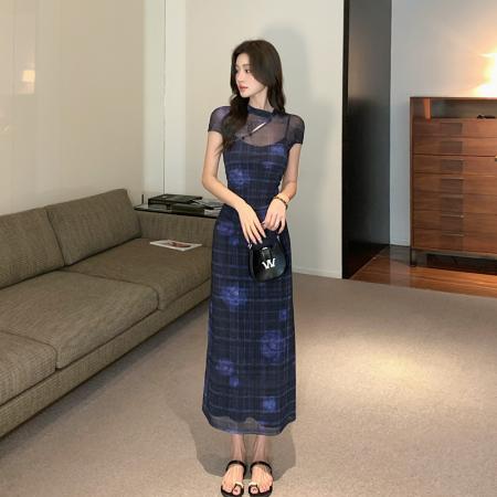 BY18349# 26新中式改良旗袍连衣裙女夏复古镂空网纱印花收腰长裙  服裝批發女裝批發服飾貨源