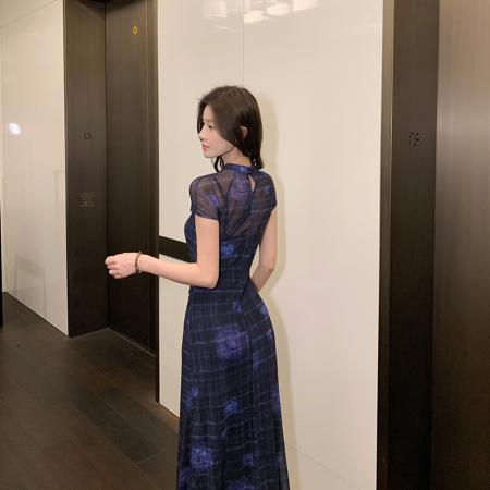 BY18349# 26新中式改良旗袍连衣裙女夏复古镂空网纱印花收腰长裙  服裝批發女裝批發服飾貨源