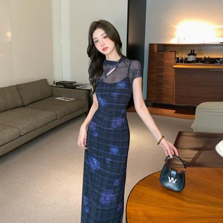 BY18349# 26新中式改良旗袍连衣裙女夏复古镂空网纱印花收腰长裙  服裝批發女裝批發服飾貨源