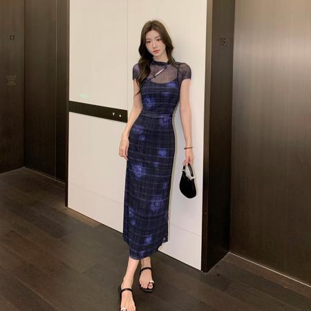 BY18349# 26新中式改良旗袍连衣裙女夏复古镂空网纱印花收腰长裙  服裝批發女裝批發服飾貨源