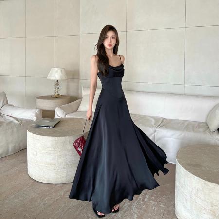 BY18350# 夏季冷香黑茶裙法式气质荡领收腰修身开叉缎面吊带连衣裙  服裝批發女裝批發服飾貨源