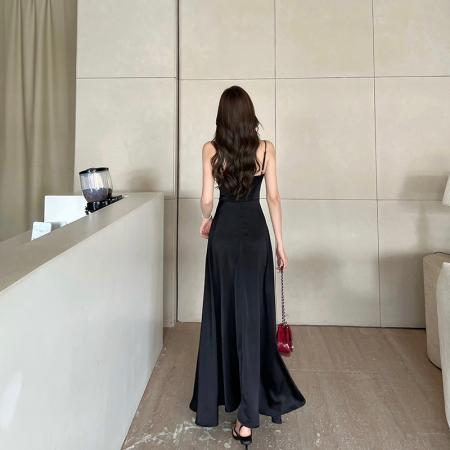 BY18350# 夏季冷香黑茶裙法式气质荡领收腰修身开叉缎面吊带连衣裙  服裝批發女裝批發服飾貨源