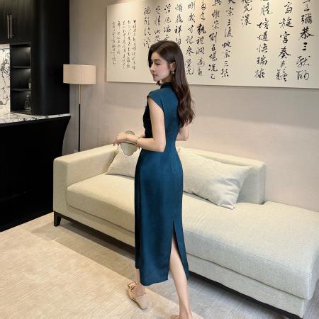 BY18352# 新中式气质镂空设计缎面提花改良旗袍显瘦显白连衣裙长裙女  服裝批發女裝批發服飾貨源