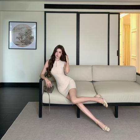 BY18354# 藕粉仙欲欧美设计感拉链连衣裙收腰显瘦包臀连衣裙  服裝批發女裝批發服飾貨源