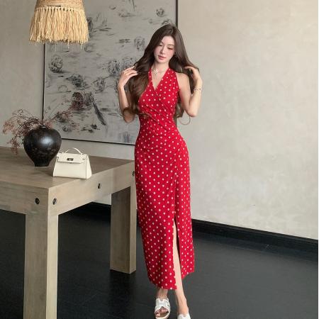 BY18355# 夏季新款百搭法式V领收腰长裙修身波点连衣裙开叉显瘦气质长裙女  服裝批發女裝批發服飾貨源