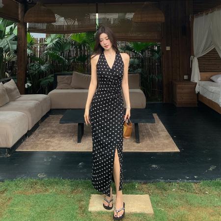 BY18355# 夏季新款百搭法式V领收腰长裙修身波点连衣裙开叉显瘦气质长裙女  服裝批發女裝批發服飾貨源