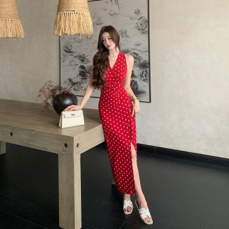 BY18355# 夏季新款百搭法式V领收腰长裙修身波点连衣裙开叉显瘦气质长裙女  服裝批發女裝批發服飾貨源