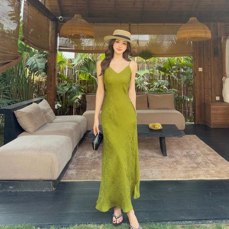 BY18356# 山野入春法式复古45°斜裁连衣裙暗纹提花V领吊带裙  服裝批發女裝批發服飾貨源