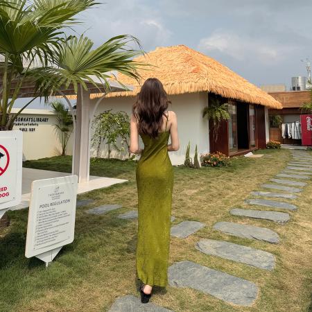 BY18356# 山野入春法式复古45°斜裁连衣裙暗纹提花V领吊带裙  服裝批發女裝批發服飾貨源