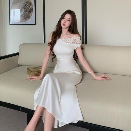 BY18357# 戛纳月光白色缎面轻礼服修身收腰斜肩扭结无袖连衣裙夏装女  服裝批發女裝批發服飾貨源