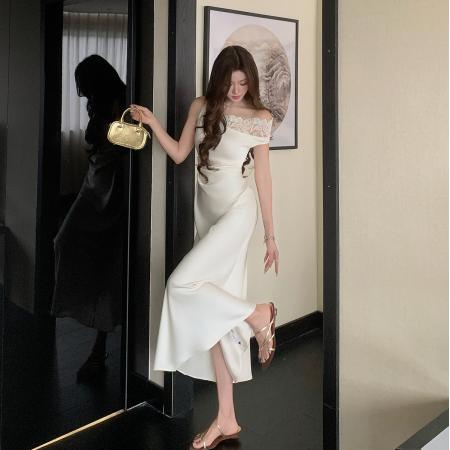 BY18357# 戛纳月光白色缎面轻礼服修身收腰斜肩扭结无袖连衣裙夏装女  服裝批發女裝批發服飾貨源