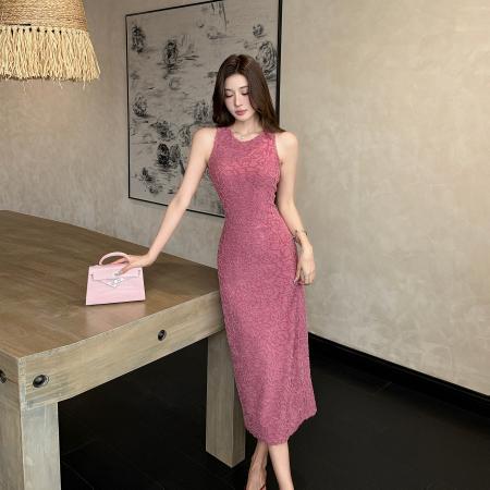 BY18358# 气质亮丝流苏削肩袖无袖修身收腰背心连衣裙长裙女夏新款  服裝批發女裝批發服飾貨源