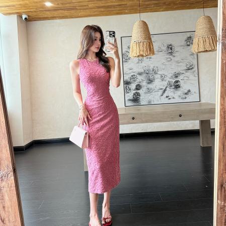 BY18358# 气质亮丝流苏削肩袖无袖修身收腰背心连衣裙长裙女夏新款  服裝批發女裝批發服飾貨源