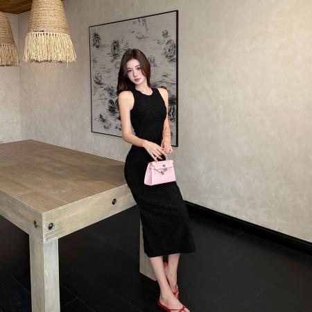 BY18358# 气质亮丝流苏削肩袖无袖修身收腰背心连衣裙长裙女夏新款  服裝批發女裝批發服飾貨源