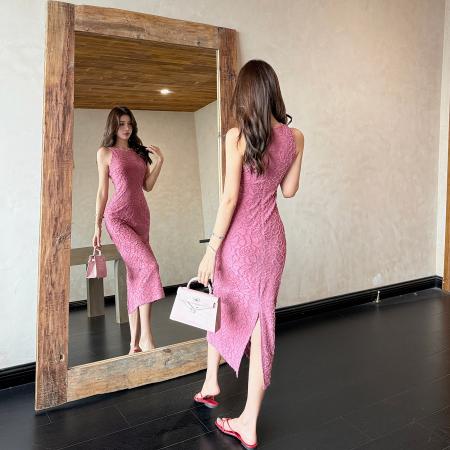 BY18358# 气质亮丝流苏削肩袖无袖修身收腰背心连衣裙长裙女夏新款  服裝批發女裝批發服飾貨源