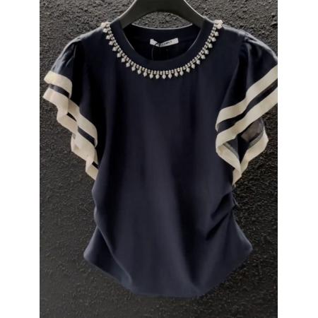 BY18362# 夏季新品时髦撞色拼接飞飞袖T恤女时尚百搭显瘦钉珠圆领上衣 服裝批發女裝批發服飾貨源