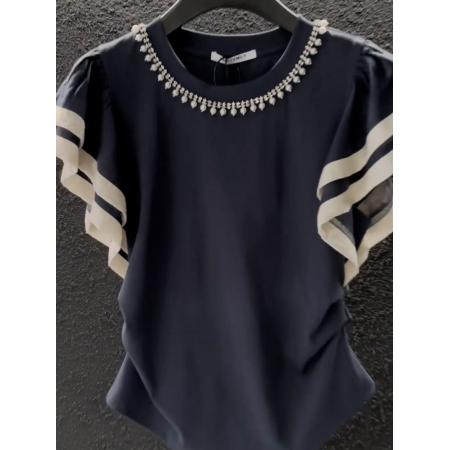 BY18362# 夏季新品时髦撞色拼接飞飞袖T恤女时尚百搭显瘦钉珠圆领上衣 服裝批發女裝批發服飾貨源
