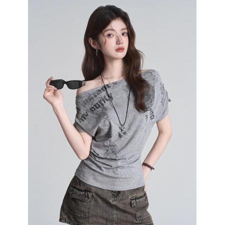 BY18363# 美式辣妹甜酷风印花斜领T恤女夏季新款褶皱修身短袖上衣 服裝批發女裝批發服飾貨源