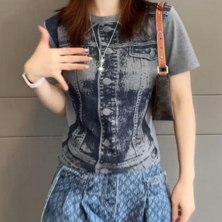 BY18365# 爆款夏季新款印花短袖T恤女修身显瘦时尚百搭减龄高级感上衣 服裝批發女裝批發服飾貨源