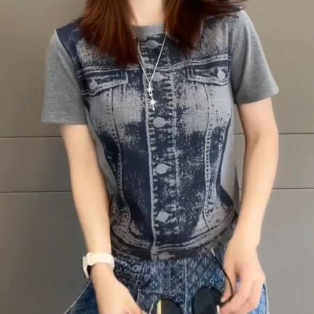 BY18365# 爆款夏季新款印花短袖T恤女修身显瘦时尚百搭减龄高级感上衣 服裝批發女裝批發服飾貨源