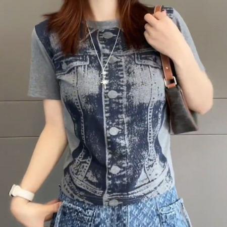 BY18365# 爆款夏季新款印花短袖T恤女修身显瘦时尚百搭减龄高级感上衣 服裝批發女裝批發服飾貨源