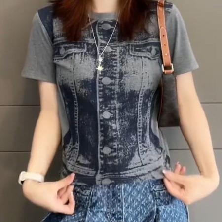 BY18365# 爆款夏季新款印花短袖T恤女修身显瘦时尚百搭减龄高级感上衣 服裝批發女裝批發服飾貨源