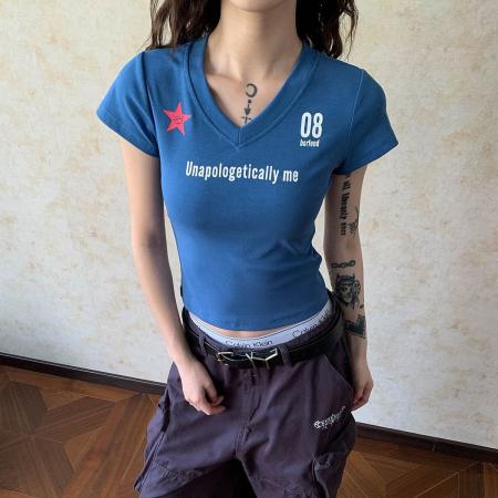 BY18366# 美式复古辣妹棉质短袖T恤夏季新款创意字母印花修身显瘦短款上衣 服裝批發女裝批發服飾貨源